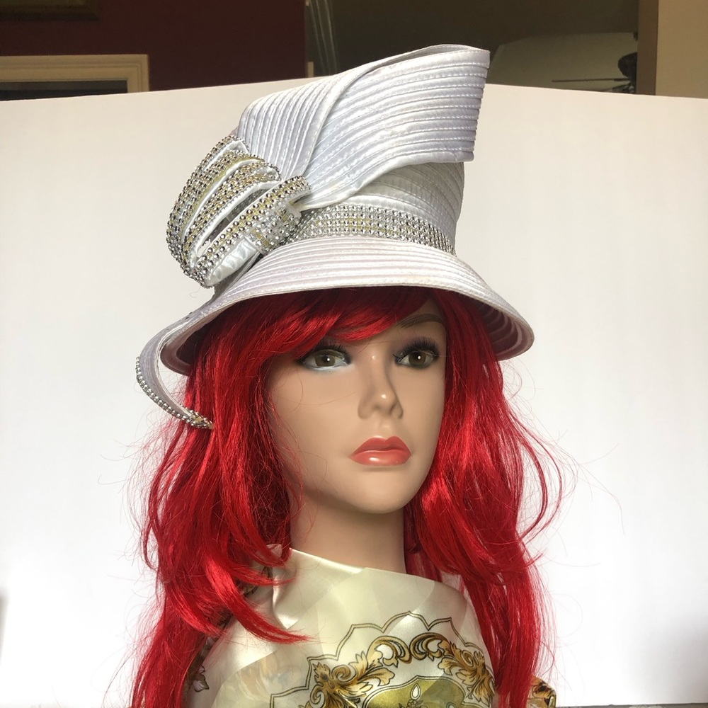 Elegant White Women's Dress Hat with Rhinestone Trim